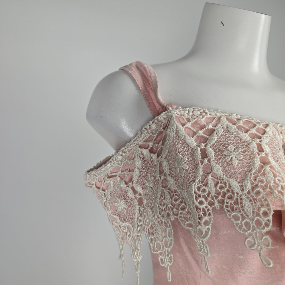 Vintage 50s 60s Pink Silk Shantung Peplum Skirt Suit Lace Collar - Size S