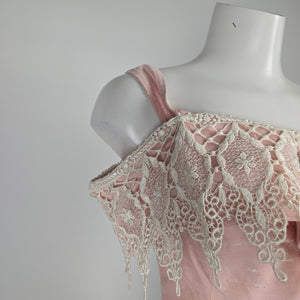 Vintage 50s 60s Pink Silk Shantung Peplum Skirt Suit Lace Collar - Size S