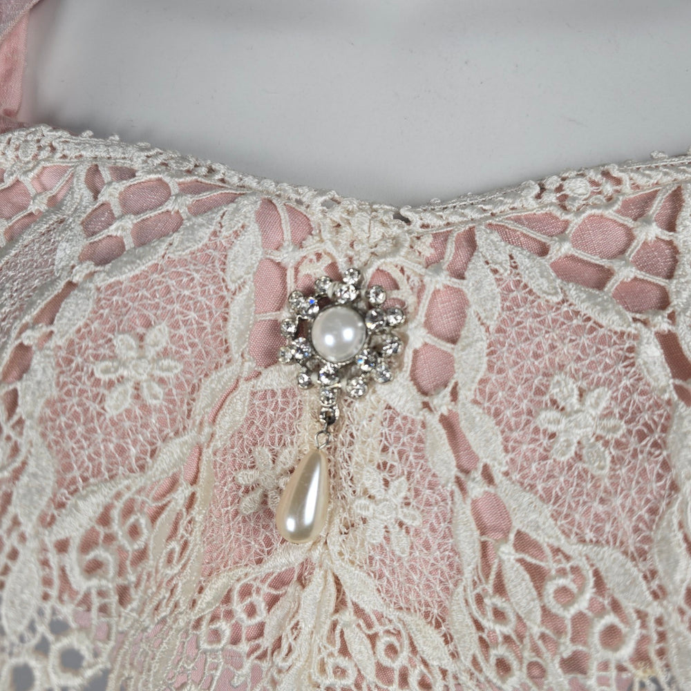 Vintage 50s 60s Pink Silk Shantung Peplum Skirt Suit Lace Collar - Size S