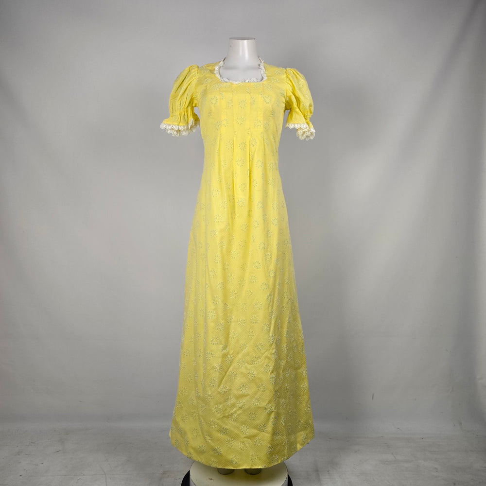 Vintage Yellow Floral Prairie Maxi Dress Puff Sleeve Lace Trim - Size 9