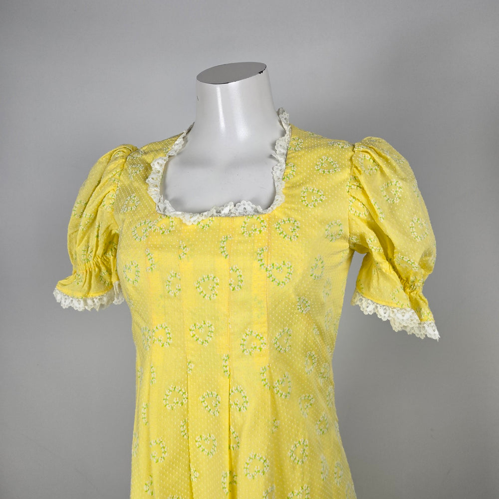 Vintage Yellow Floral Prairie Maxi Dress Puff Sleeve Lace Trim - Size 9