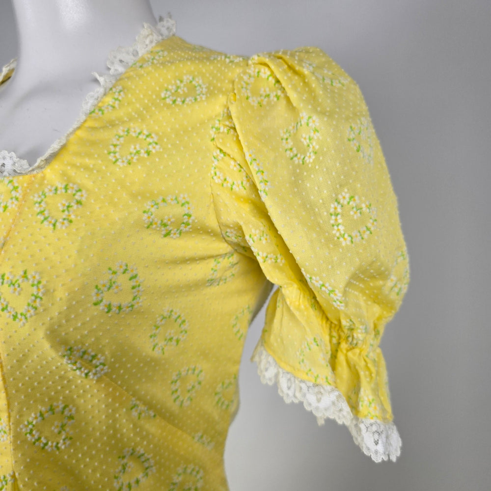 Vintage Yellow Floral Prairie Maxi Dress Puff Sleeve Lace Trim - Size 9