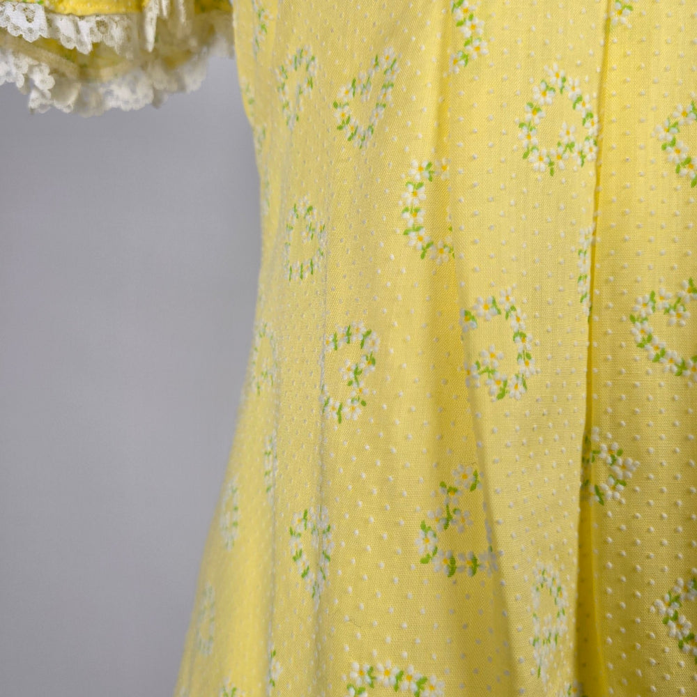 Vintage Yellow Floral Prairie Maxi Dress Puff Sleeve Lace Trim - Size 9