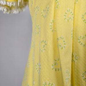 Vintage Yellow Floral Prairie Maxi Dress Puff Sleeve Lace Trim - Size 9