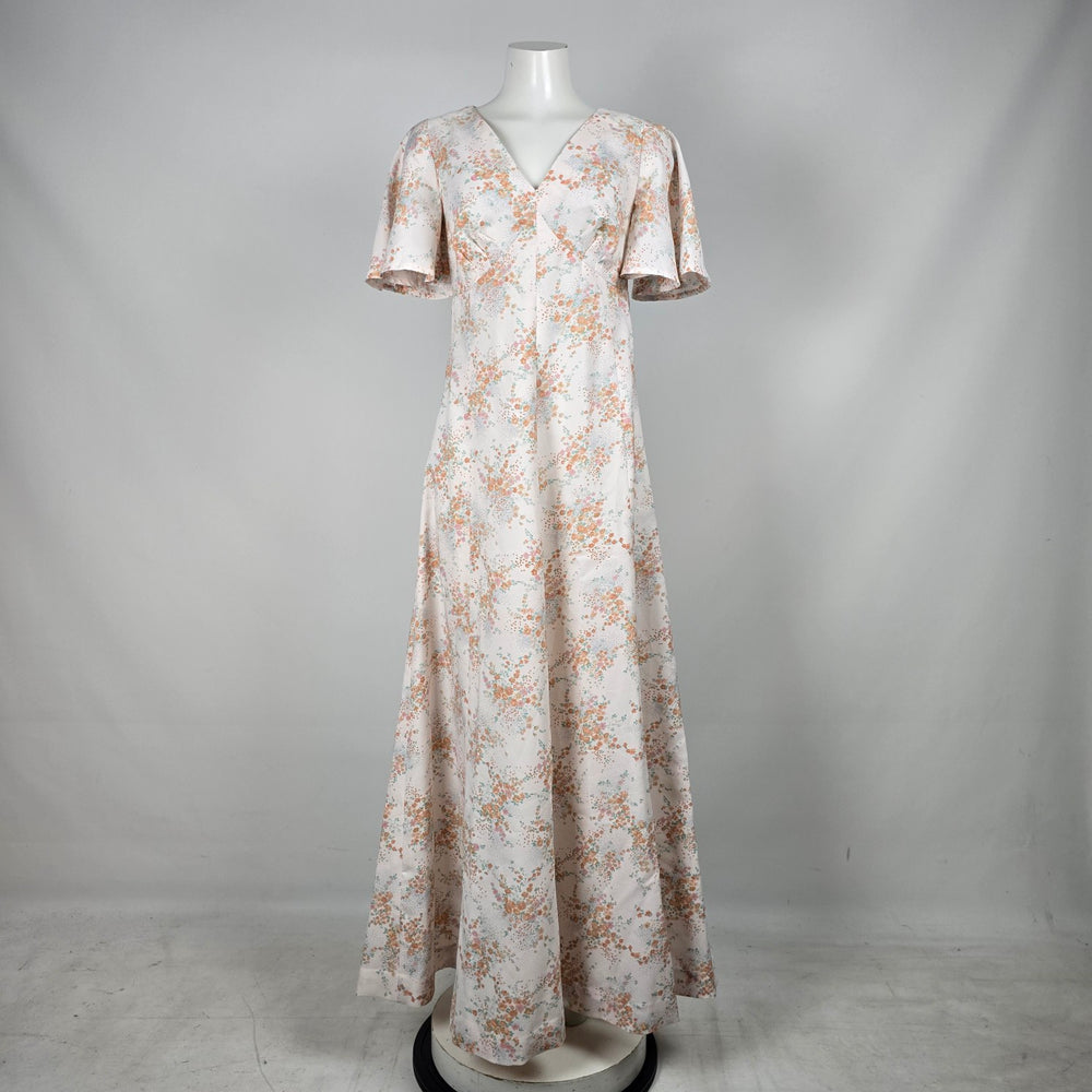 Vintage Cream Floral Flutter Sleeve V-Neck Maxi Dress - Size S/M