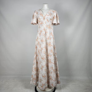 Vintage Cream Floral Flutter Sleeve V-Neck Maxi Dress - Size S/M