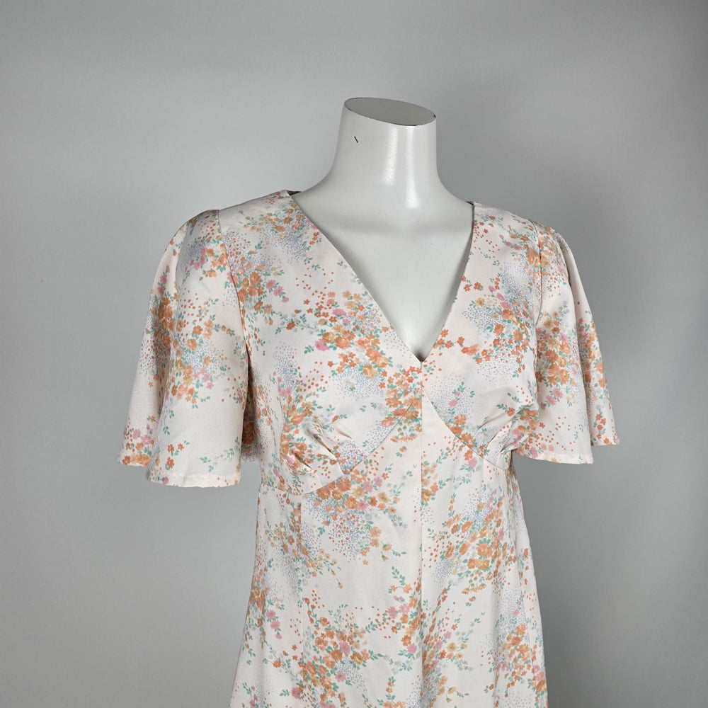 Vintage Cream Floral Flutter Sleeve V-Neck Maxi Dress - Size S/M