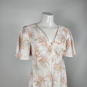 Vintage Cream Floral Flutter Sleeve V-Neck Maxi Dress - Size S/M