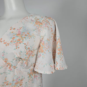 Vintage Cream Floral Flutter Sleeve V-Neck Maxi Dress - Size S/M