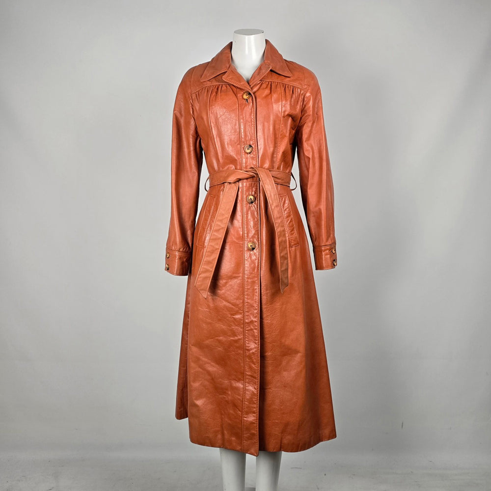 Vintage 70s Hudson’s Bay Company Cognac Leather Belted Trench Coat - Size 11