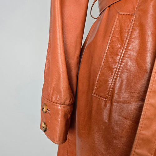 Vintage 70s Hudson’s Bay Company Cognac Leather Belted Trench Coat - Size 11