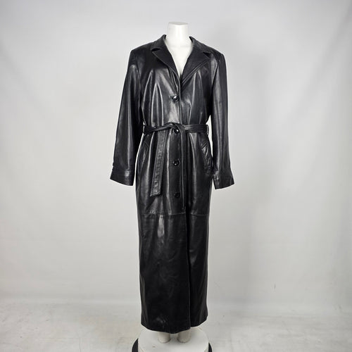 Danier Leather Black Genuine Leather Belted Long Trench Coat - Size M