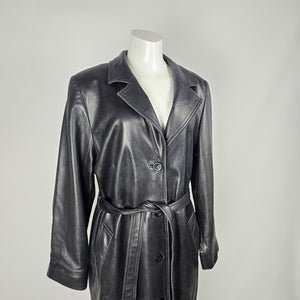 Danier Leather Black Genuine Leather Belted Long Trench Coat - Size M