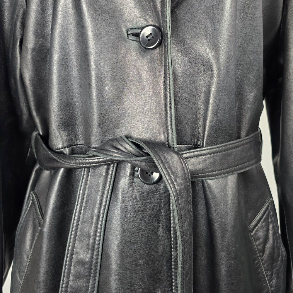 Danier Leather Black Genuine Leather Belted Long Trench Coat - Size M