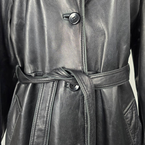 Danier Leather Black Genuine Leather Belted Long Trench Coat - Size M