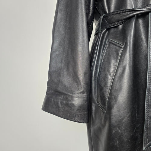 Danier Leather Black Genuine Leather Belted Long Trench Coat - Size M