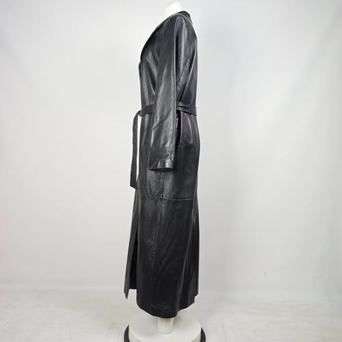 Danier Leather Black Genuine Leather Belted Long Trench Coat - Size M