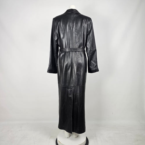 Danier Leather Black Genuine Leather Belted Long Trench Coat - Size M