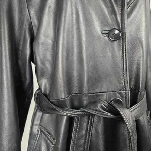 Danier Leather Black Genuine Leather Belted Long Trench Coat - Size M