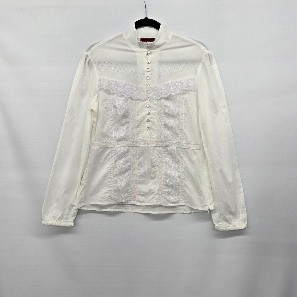 Nevada Women’s White Lace Embroidered Cotton Long Sleeve Blouse - Size 10
