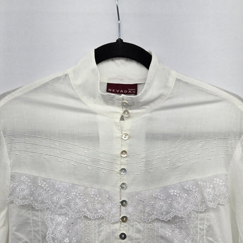 Nevada Women’s White Lace Embroidered Cotton Long Sleeve Blouse - Size 10