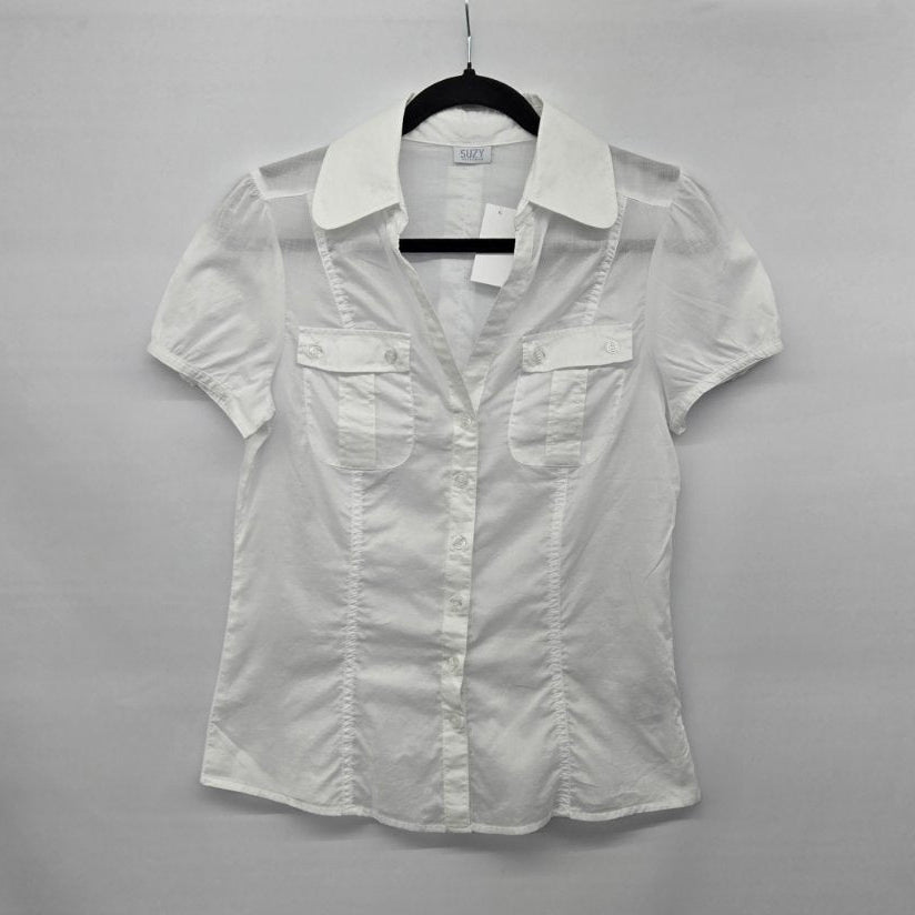 Suzy Shier Women’s White Short Sleeve Button Front Blouse - Size M