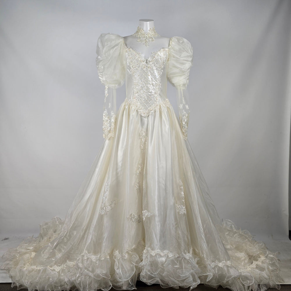 Vintage Ivory Wedding Gown Puff Sleeve Lace Beaded Pearl Princess Ball Gown with Train Size S