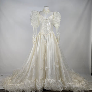 Vintage Ivory Wedding Gown Puff Sleeve Lace Beaded Pearl Princess Ball Gown with Train Size S
