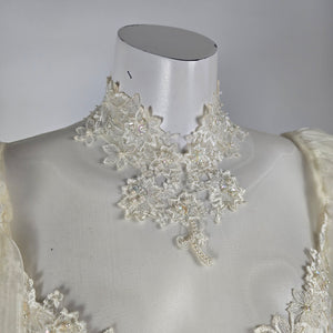 Vintage Ivory Wedding Gown Puff Sleeve Lace Beaded Pearl Princess Ball Gown with Train Size S