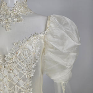 Vintage Ivory Wedding Gown Puff Sleeve Lace Beaded Pearl Princess Ball Gown with Train Size S