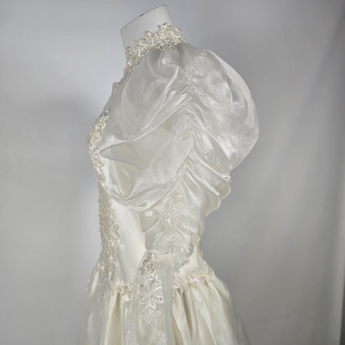 Vintage Ivory Wedding Gown Puff Sleeve Lace Beaded Pearl Princess Ball Gown with Train Size S