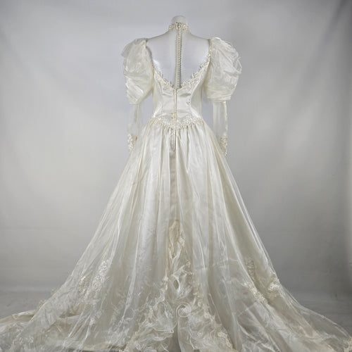 Vintage Ivory Wedding Gown Puff Sleeve Lace Beaded Pearl Princess Ball Gown with Train Size S