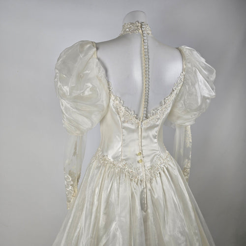 Vintage Ivory Wedding Gown Puff Sleeve Lace Beaded Pearl Princess Ball Gown with Train Size S