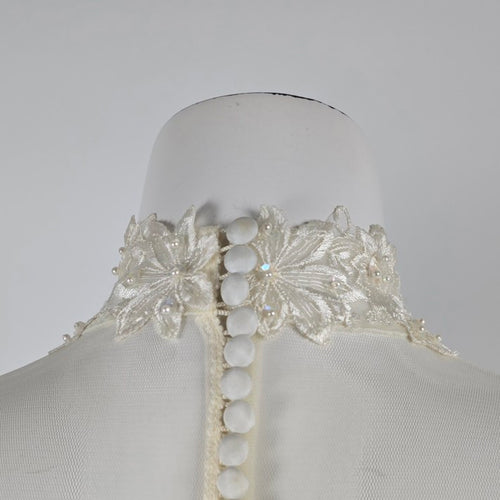 Vintage Ivory Wedding Gown Puff Sleeve Lace Beaded Pearl Princess Ball Gown with Train Size S