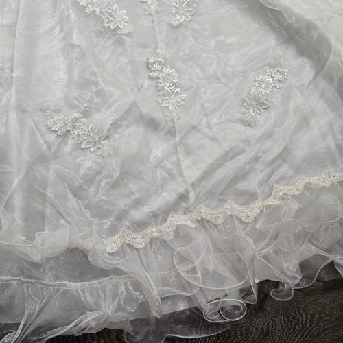 Vintage Ivory Wedding Gown Puff Sleeve Lace Beaded Pearl Princess Ball Gown with Train Size S
