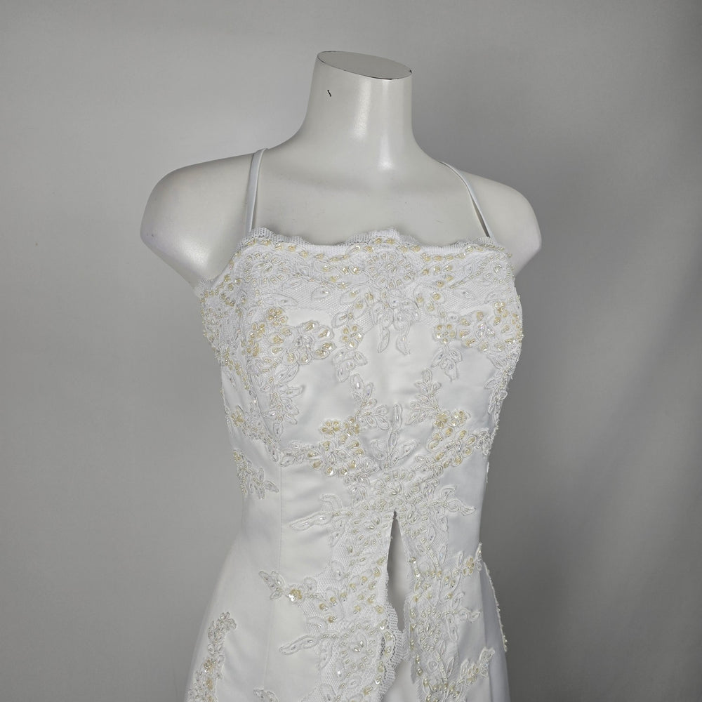 Vintage Aspeed White Beaded Lace Spaghetti Strap Formal Wedding Gown Dress -Size M/L