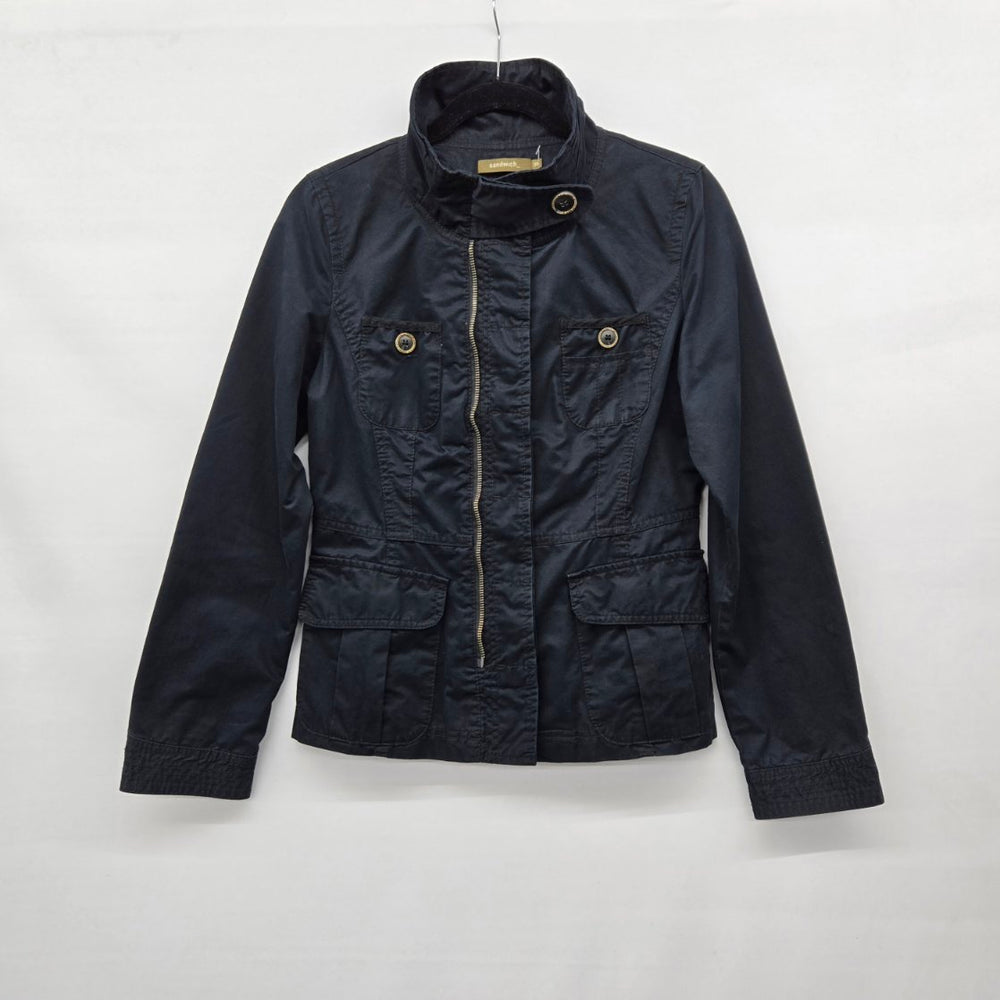 Sandwich Cotton Utility Jacket Black Zip Front Military Style - Size 6