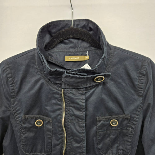 Sandwich Cotton Utility Jacket Black Zip Front Military Style - Size 6