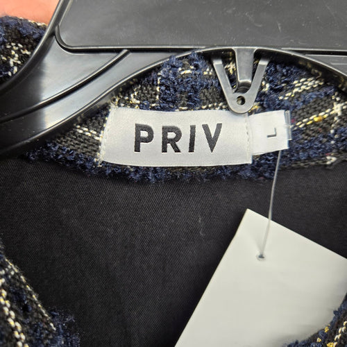 PRIV Women’s Long Plaid Tweed Shirt Jacket Navy Black Button Front Coat Size L