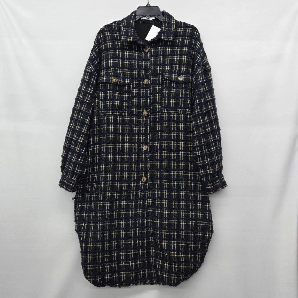 PRIV Women’s Long Plaid Tweed Shirt Jacket Navy Black Button Front Coat Size L