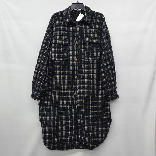 PRIV Women’s Long Plaid Tweed Shirt Jacket Navy Black Button Front Coat Size L