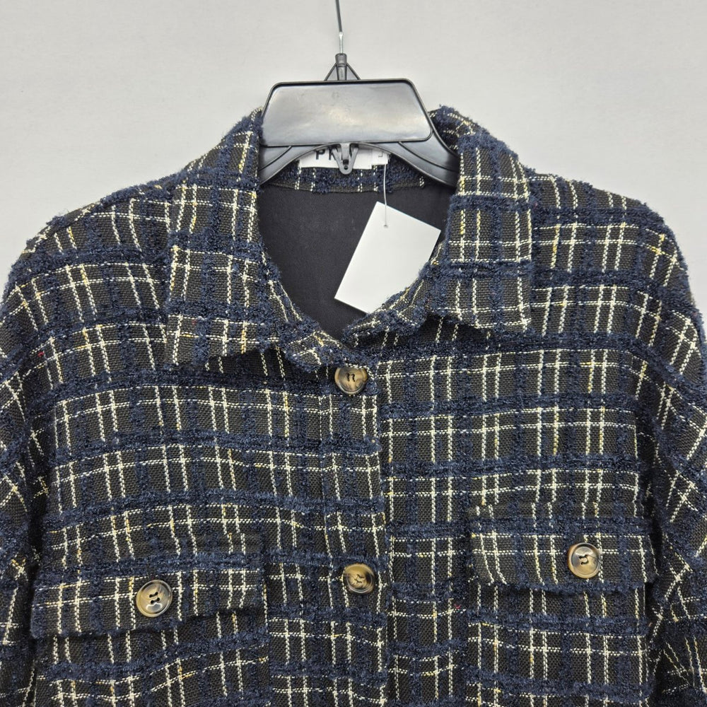 PRIV Women’s Long Plaid Tweed Shirt Jacket Navy Black Button Front Coat Size L