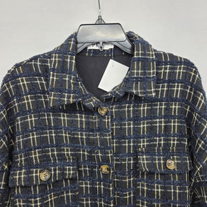 PRIV Women’s Long Plaid Tweed Shirt Jacket Navy Black Button Front Coat Size L