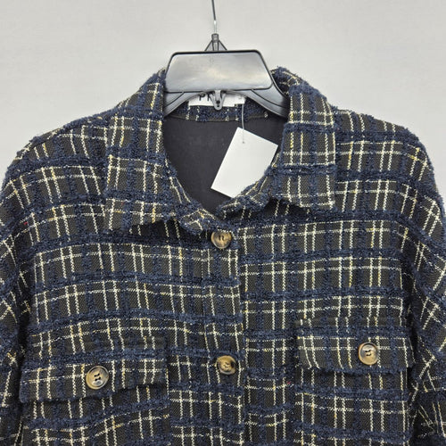 PRIV Women’s Long Plaid Tweed Shirt Jacket Navy Black Button Front Coat Size L