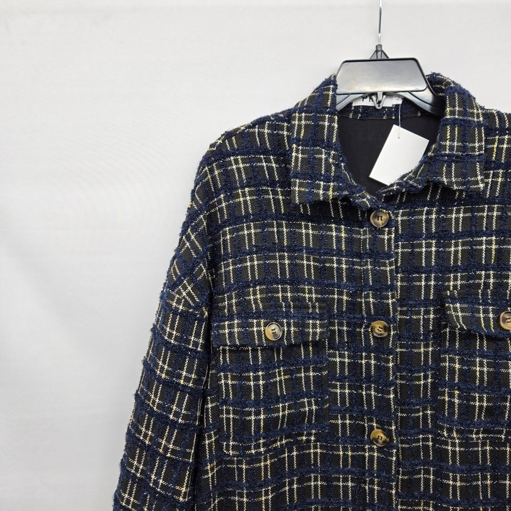 PRIV Women’s Long Plaid Tweed Shirt Jacket Navy Black Button Front Coat Size L