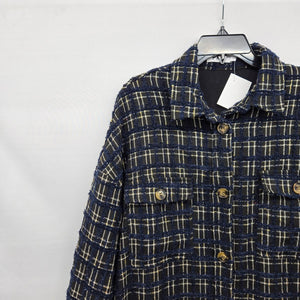 PRIV Women’s Long Plaid Tweed Shirt Jacket Navy Black Button Front Coat Size L