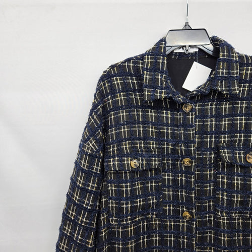 PRIV Women’s Long Plaid Tweed Shirt Jacket Navy Black Button Front Coat Size L
