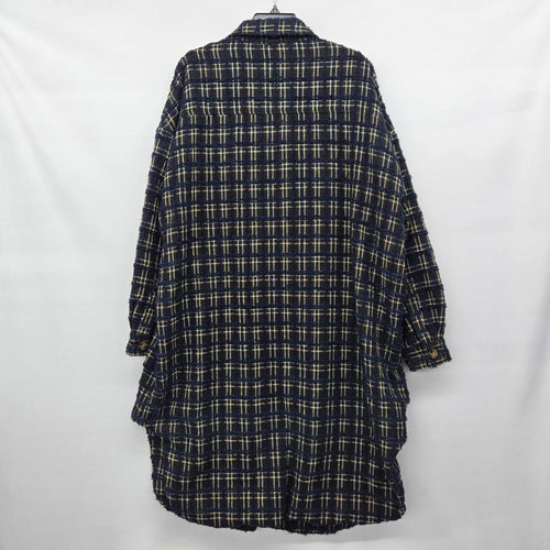 PRIV Women’s Long Plaid Tweed Shirt Jacket Navy Black Button Front Coat Size L