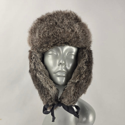 Vintage Crown Cap Gray Brown Winnipeg Canada Rabbit Fur Trapper Hat - Size M