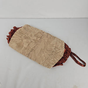 Vintage Genuine Lamb Fur Hand Muff with Rust Satin Ruffle Trim & Wrist Strap